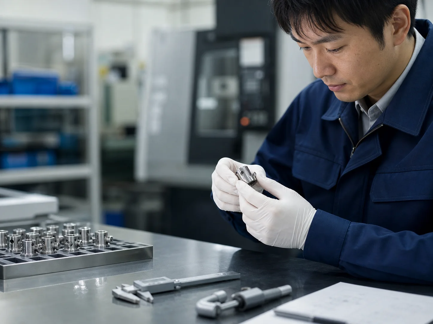 精密部品を確認する製造現場の担当者